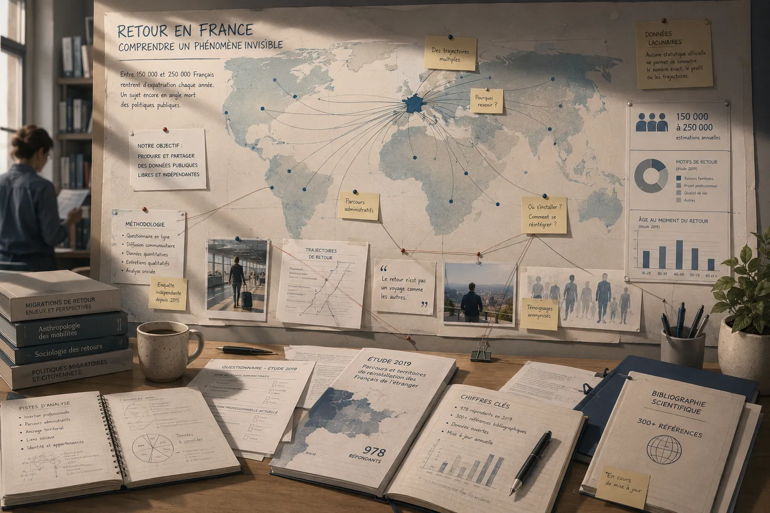 Bureau de recherche sur le retour en France : tableau d'étude « comprendre un phénomène invisible », carte mondiale des migrations de retour, étude 2019 sur 978 répondants, bibliographie scientifique et données chiffrées