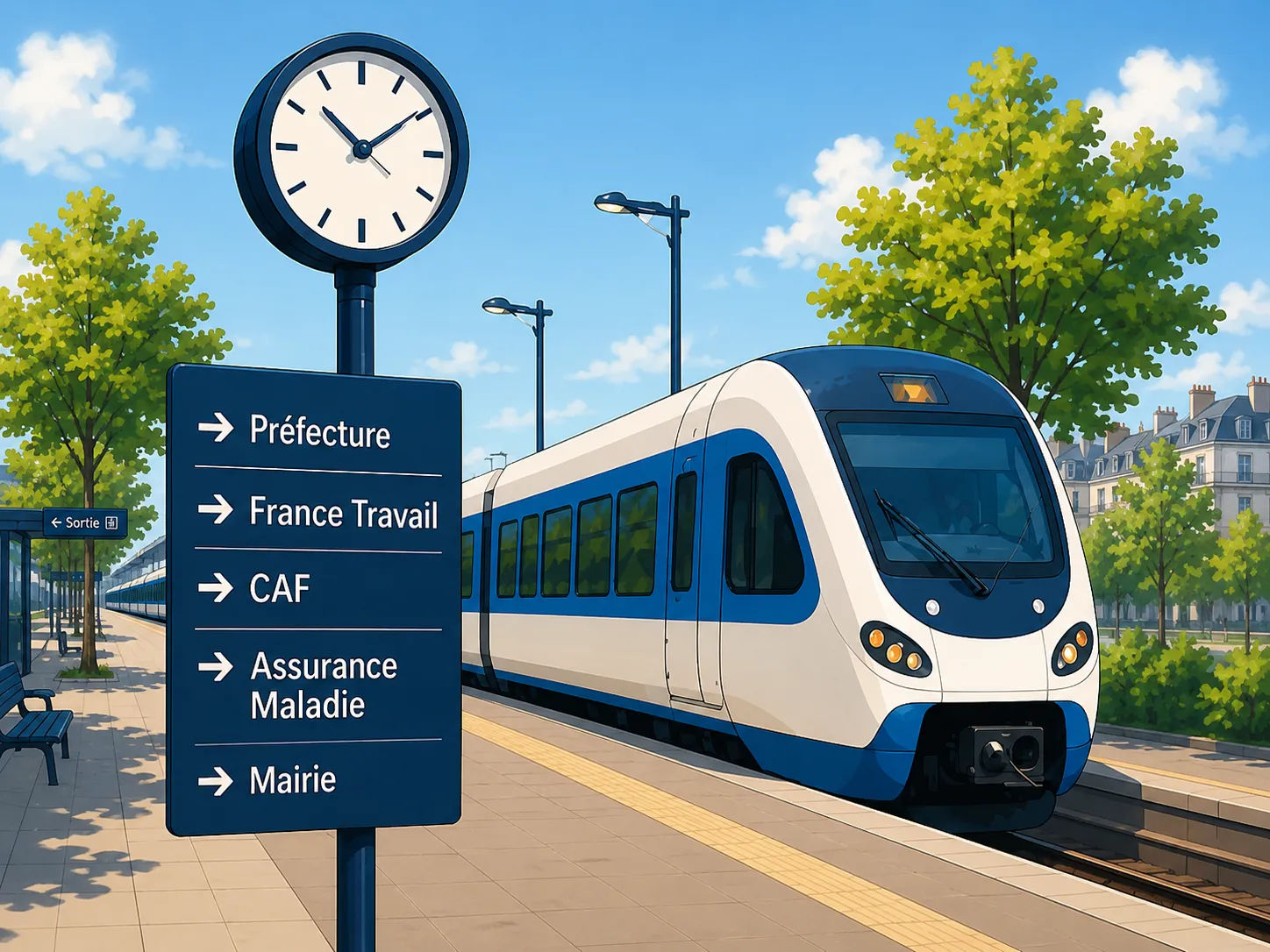 Arrivée en gare en France au retour d'expatriation, panneau d'orientation des démarches : Préfecture, France Travail, CAF, Assurance Maladie, Mairie