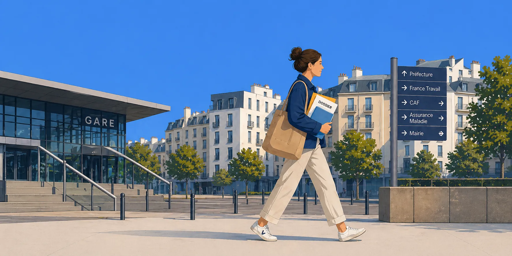 Une jeune femme avec un sac arrive en gare en France, devant des panneaux indiquant Préfecture, France Travail, CAF, Assurance Maladie, Mairie