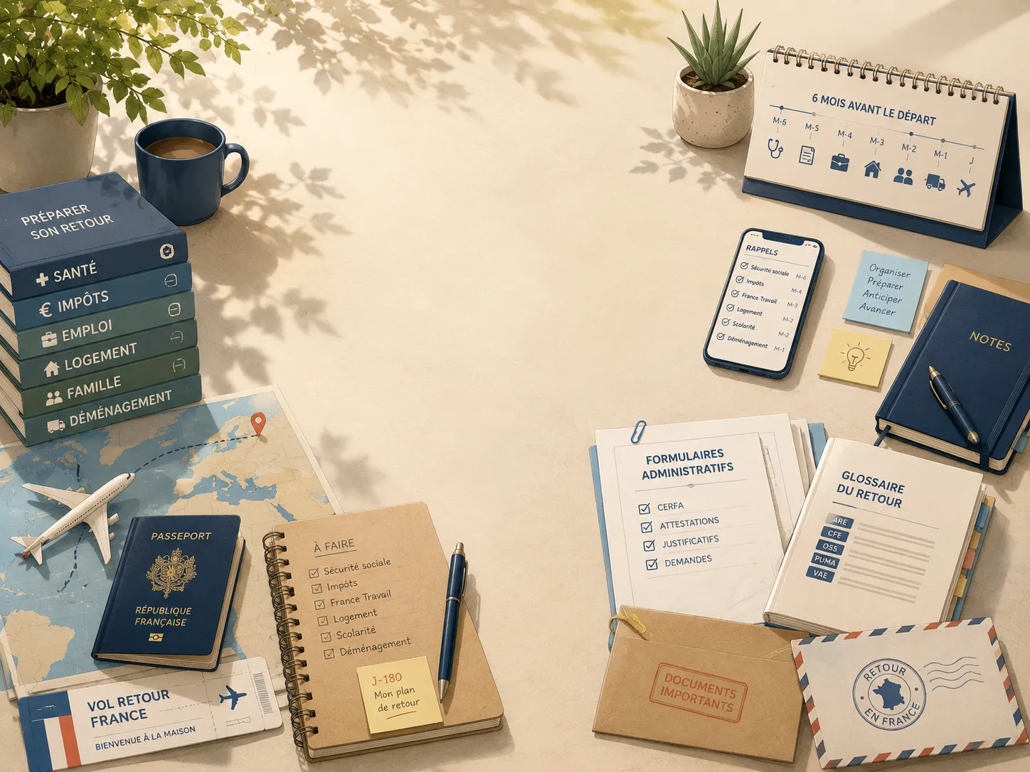 Outils pratiques pour préparer son retour en France : check-list 6 mois avant le départ, formulaires administratifs, glossaire, passeport, carte du trajet